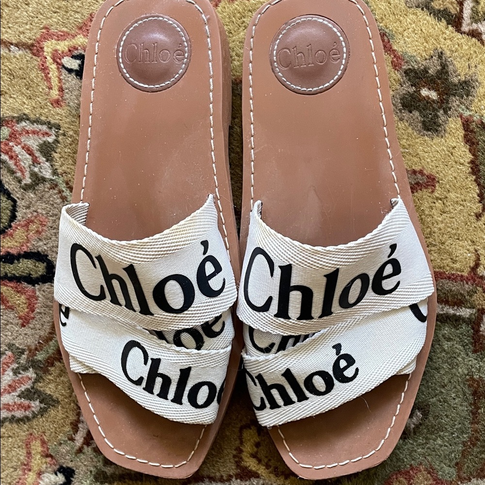 Chloé White Logo Twill Strap Leather Slide Sandals